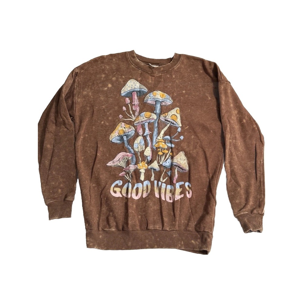 Good Vibes Mushroom Brown Acid Washed Sweatshirt Oversized Junior Size S